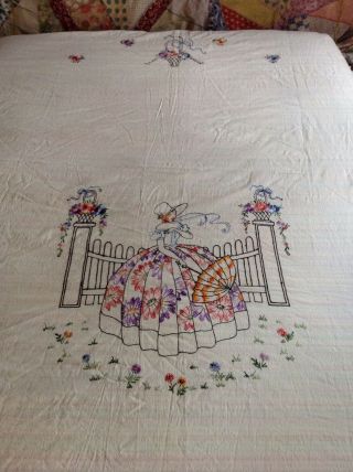 Vintage 1930 ' s EMBROIDERED BEDSPREAD Bed Cover COVERLET Curtain Queen GORGEOUS 7