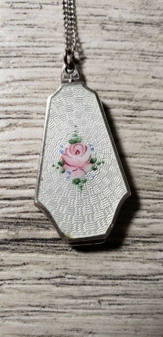 Gorgeous Antique Sterling Enamel Guilloche Pink Flower Locket Necklace