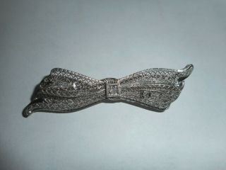 Vintage 14k White Gold Filigree Bow Brooch With 3 Diamonds