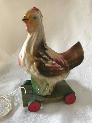 Vintage German Paper Mache Easter Chicken Pull Toy 55