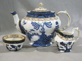 Vintage Booths Real Old Willow Teapot A - 8025 Plus Cream & Sugar - Blue & White