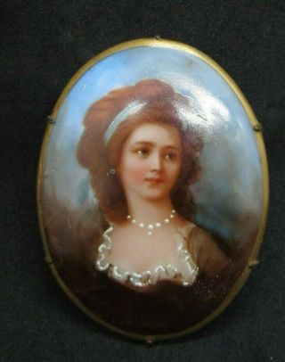 Antique Vintage Victorian Hand Painted Porcelain Portrait Brooch Pin,  Large