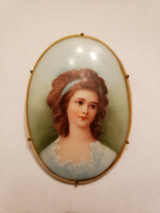 Antique Vintage Victorian Hand Painted Porcelain Portrait Brooch Pin,  Large