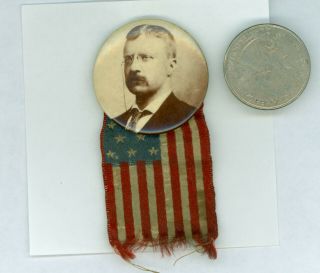 Vintage 1904 President Theodore Roosevelt Campaign Pinback Button W Ribbon
