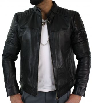 Mens Real Leather Black Biker Jacket Retro Vintage Tailored Fit Uk