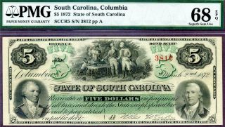 1872 $5 State Of South Carolina Columbia Obsolete Banknote Rare Grade Pmg 68 Epq