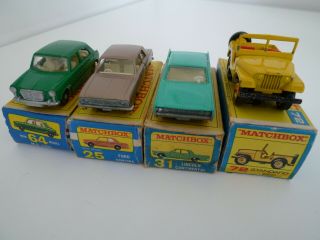 Vintage Matchbox Lesney Cars 25 31 64 72 Ford Lincoln Mg 1100 Jeep Boxed C.  1960s