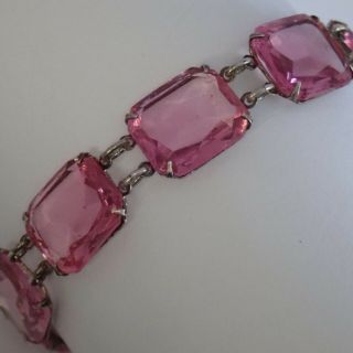 Vintage Art Deco Sterling Silver Open Back Set Pink Paste Rhinestone Bracelet