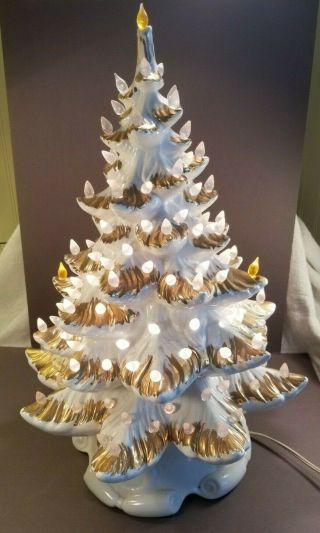 Vintage Ceramic Christmas Tree White W/gold Lighted - 20 " Tall