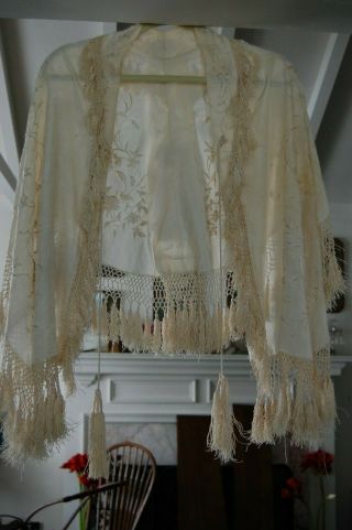 Antique Victorian Embroidered Ivory Silk Wedding Shawl
