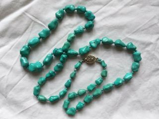 Vintage 1920 Chinese Single Knotted Turquoise Necklace Silver Filigree Clasp -