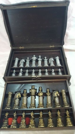 Antique Vintage 1940s? Metal Cast Chess Set Romans Cleopatra Marc Anthony & Case