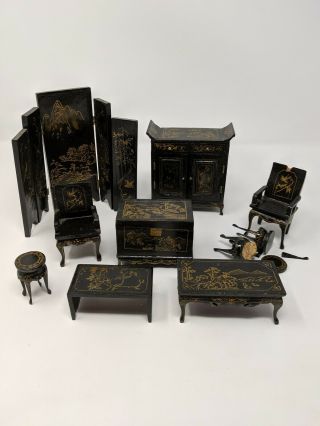 Vintage Miniature Oriental Doll House Furniture Wood Black