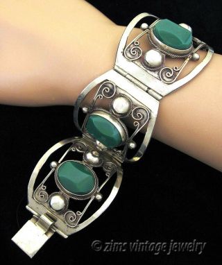 Vintage Old Mexican Taxco Wide Sterling Silver Jade Chrysoprase Link Bracelet