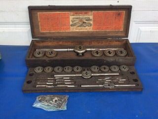 Antique Vintage Greenfield Little Giant 311 Screw Plate Tap Die Set & Wooden Box