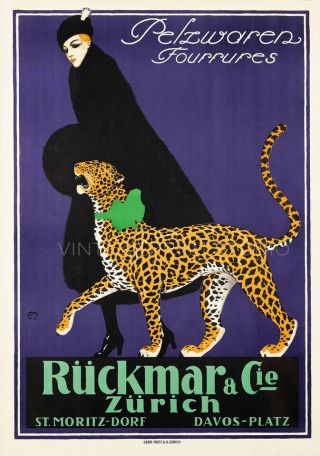 Women With Cheetah,  1910 Vintage Art Deco Advertising Giclee Canvas Print 24x34