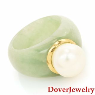 Estate Green Jade Pearl 14k Yellow Gold Ring 9.  4 Grams Nr