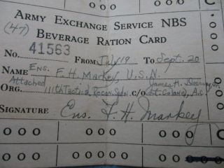 WWII US Army Exchange Service Beverage Ration Card Unit Identified Signed WW2 2