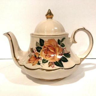 Vintage Sadler Teapot Peach Yellow Rose Gold Gilt Bell Shape 32 Ounce 1937,