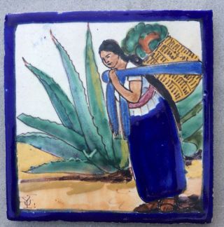 Ysauro Uriarte Signed Pottery Tile Woman With Basket Mexico Talaver Ceramic Vtg