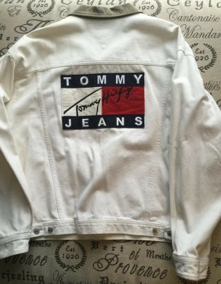 Very Rare Vintage Tommy Hilfiger Denim Jacket Big Flag Size Xl White 90s Mens