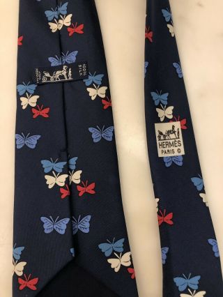 Vintage Hermes Paris Silk Twill Tie 7133 FA Butterfly Pattern on Navy Background 4