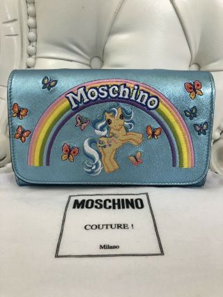 $775 Moschino Couture My Little Pony Blue Leather Handbag Clutch Bag Rare Wow