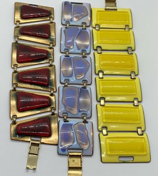 3 Vintage Signed Kaye Deming Mid Century Copper Enamel Modern Bracelets