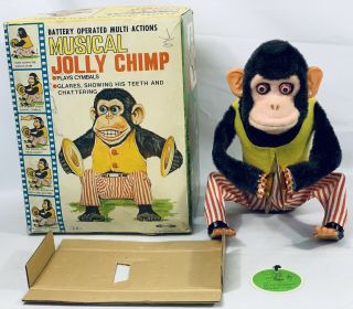 Vtg 1950’s Daishin Musical Jolly Chimp Monkey With Box,  Tag,  Insert