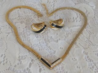 Estate Vintage Christian Dior Choker Necklace & Clip Earrings Set Crystal Enamel