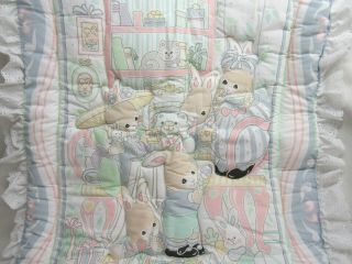 Vtg Quilted Baby Blanket Gerber Bunny Family Crib Quilt Lace Ruffle