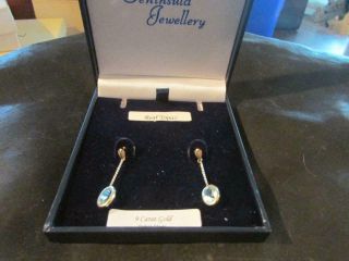 Lovely Vintage 9ct Gold & Blue Topaz Drop Earrings,  Boxed