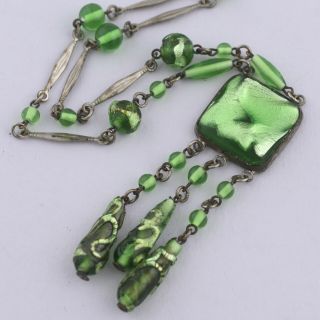 Vtg Art Deco Signed Czech Foiled Emerald Glass Drizzle Bead Dangle Necklace