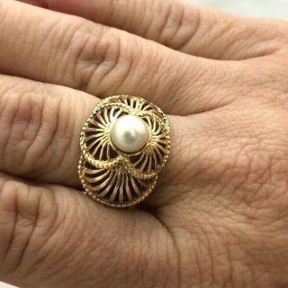 Deco Style Vintage Estate 14k Yellow Gold Ladies Cultured Pearl Dome Ring