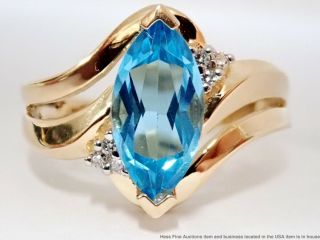 Vintage 14k Yellow Gold Natural Blue Topaz Marquise Solitaire Fine Diamond Ring