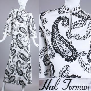 L/xl Vintage 1960s Hal Ferman Paisley Maxi Dress Cocktail White Angel Slv 60s