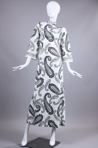 L/XL Vintage 1960s Hal Ferman Paisley Maxi Dress Cocktail White Angel Slv 60s 2