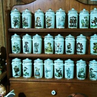 Vintage Mj Hummel Complete Set - 24 Porcelain Jars And Wooden Spice Rack