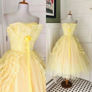 Vintage 50s Yellow Tulle Strapless Full I Love Lucy Party Prom Pageant Dress