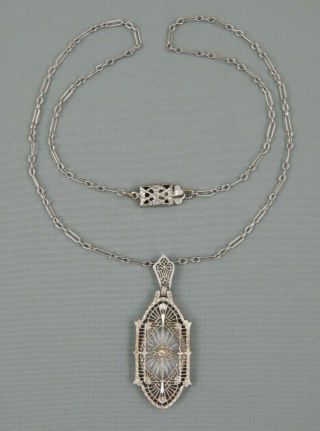 Vintage Art Deco Filigree Rhinestone Camphor Glass Pendant Necklace