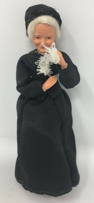 Vintage Dollhouse Doll Old Lady In Mourning Bendable Doll House Miniature