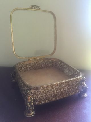 Large Cherub Vintage Ormolu Filigree Trinket Box Jewelry Casket Beveled Glass