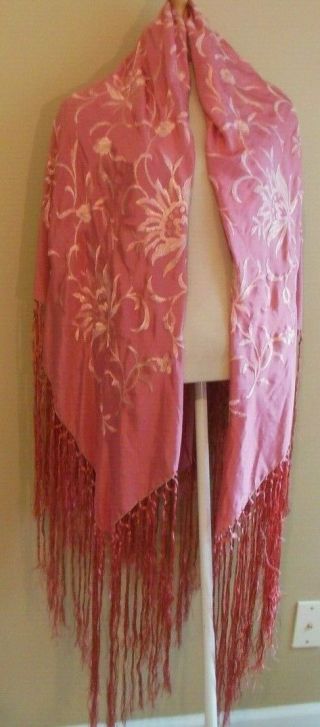 Vintage Hand Embroidered Silk Rose & Pink Piano Shawl Hand Knotted Fringe