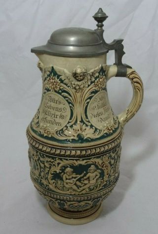 Large Vintage German Beer Stein W/ Pewter Lid / Ornate Cherub - Scroll Design