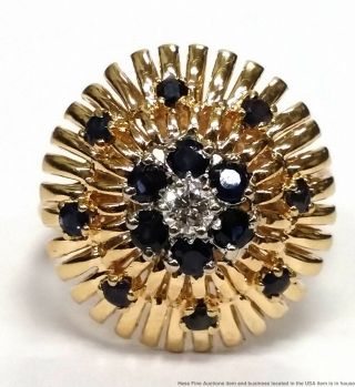 Vintage 14k Yellow Gold Natural Sapphire Fine Diamond Ladies Princess Ring