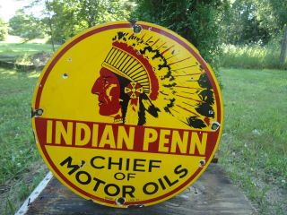 Vintage 1937 Indian Penn Chief Motor Oil Porcelain Enamel Gas Station Pump Sign