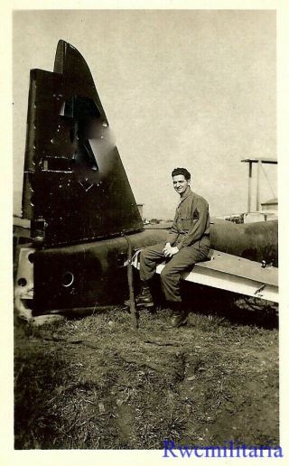 Org.  Photo: Us Soldier Posed On Tail Section Of Luftwaffe Bomber; France 1945