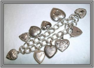 Antique 1900s Sterling - Puffy Hearts - Ten Heart Silver Charm Bracelet Nr