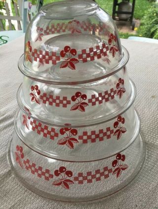 Set Of 4 Vintage Pyrex Red Cherry Cherries Gingham Plaid Clear Glass Mixing Bowl