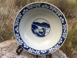 Blue And White Canton Bowl With Mountains And Vintage Export Stamp